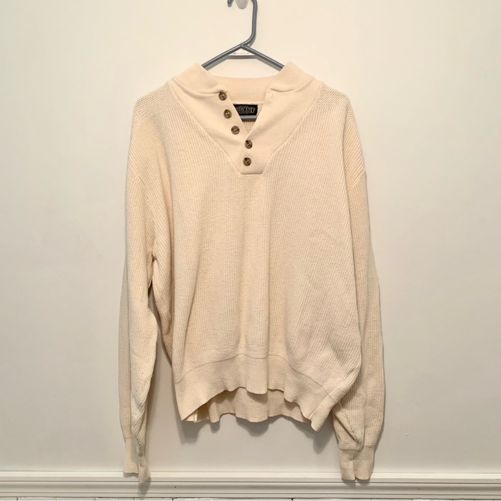 Lands’ End vintage sweater ivory fisherman knit buttons chunky slouchy large